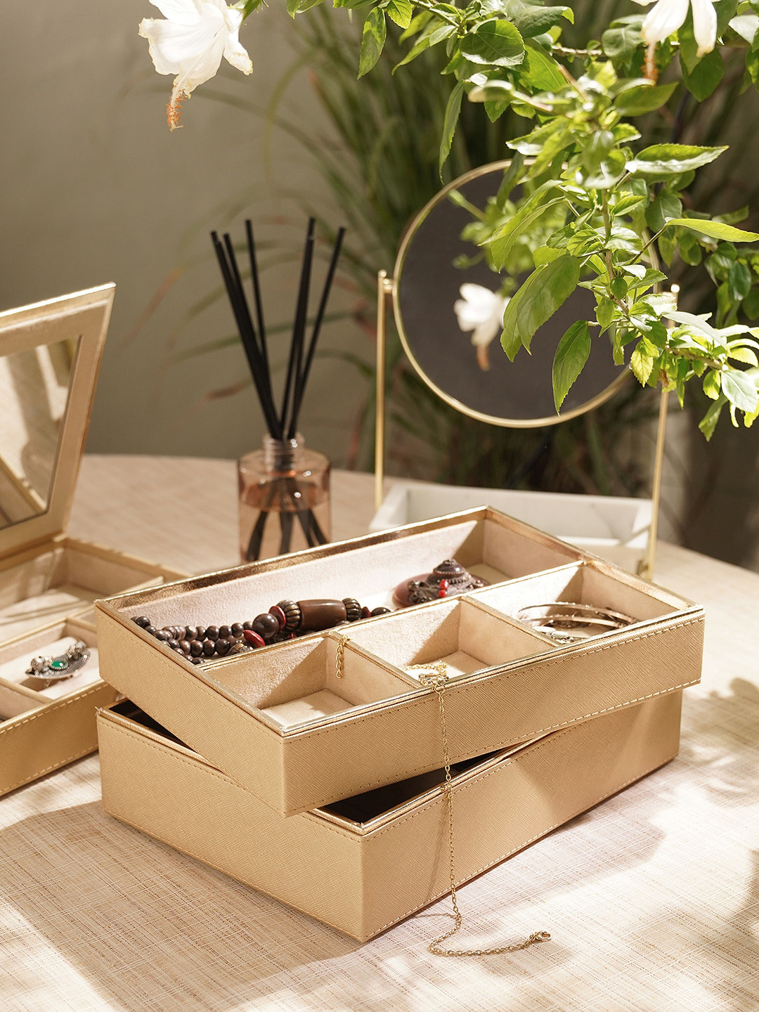 Pure Home and Living Gold Toned 4 Compartment Faux Leather Organiser