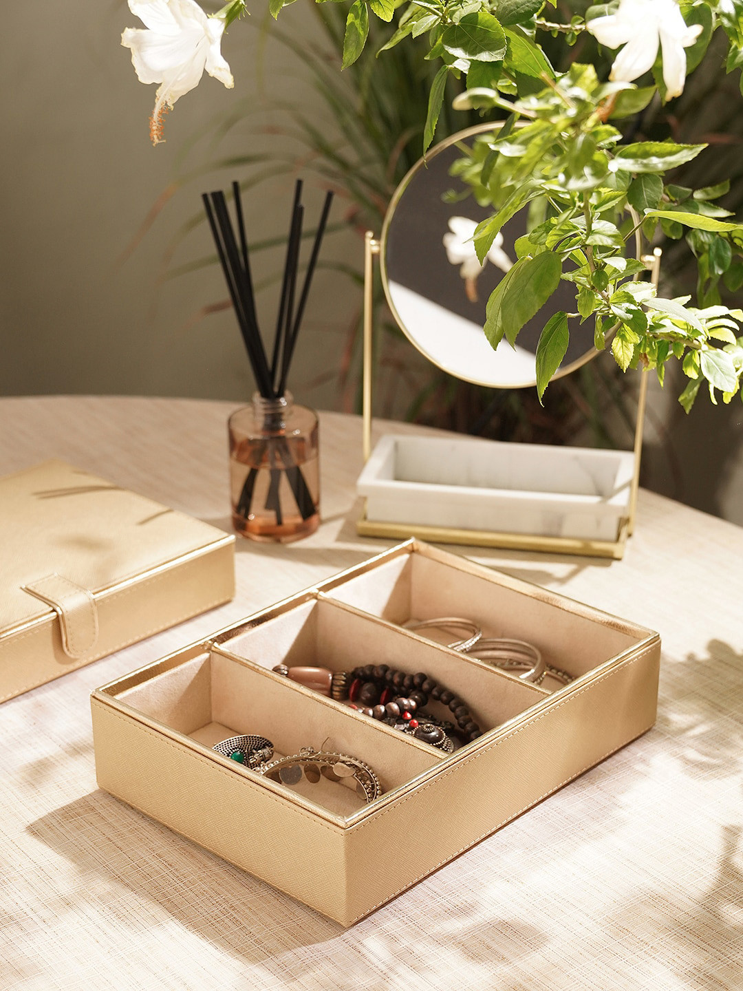 Pure Home and Living Gold Toned 3 Compartment Faux Leather Organiser