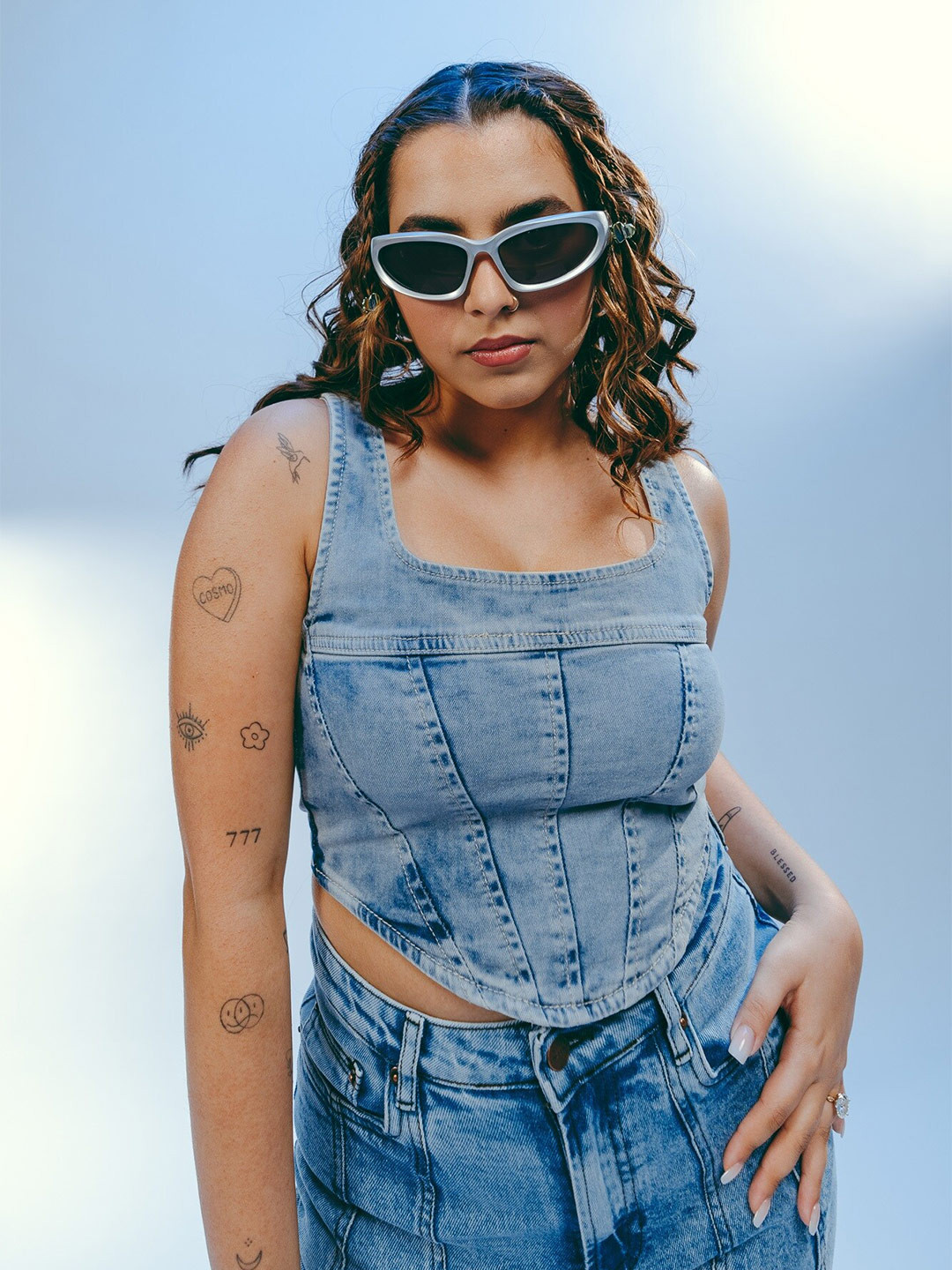 FREAKINS Washed Sleeveless Denim Crop Top