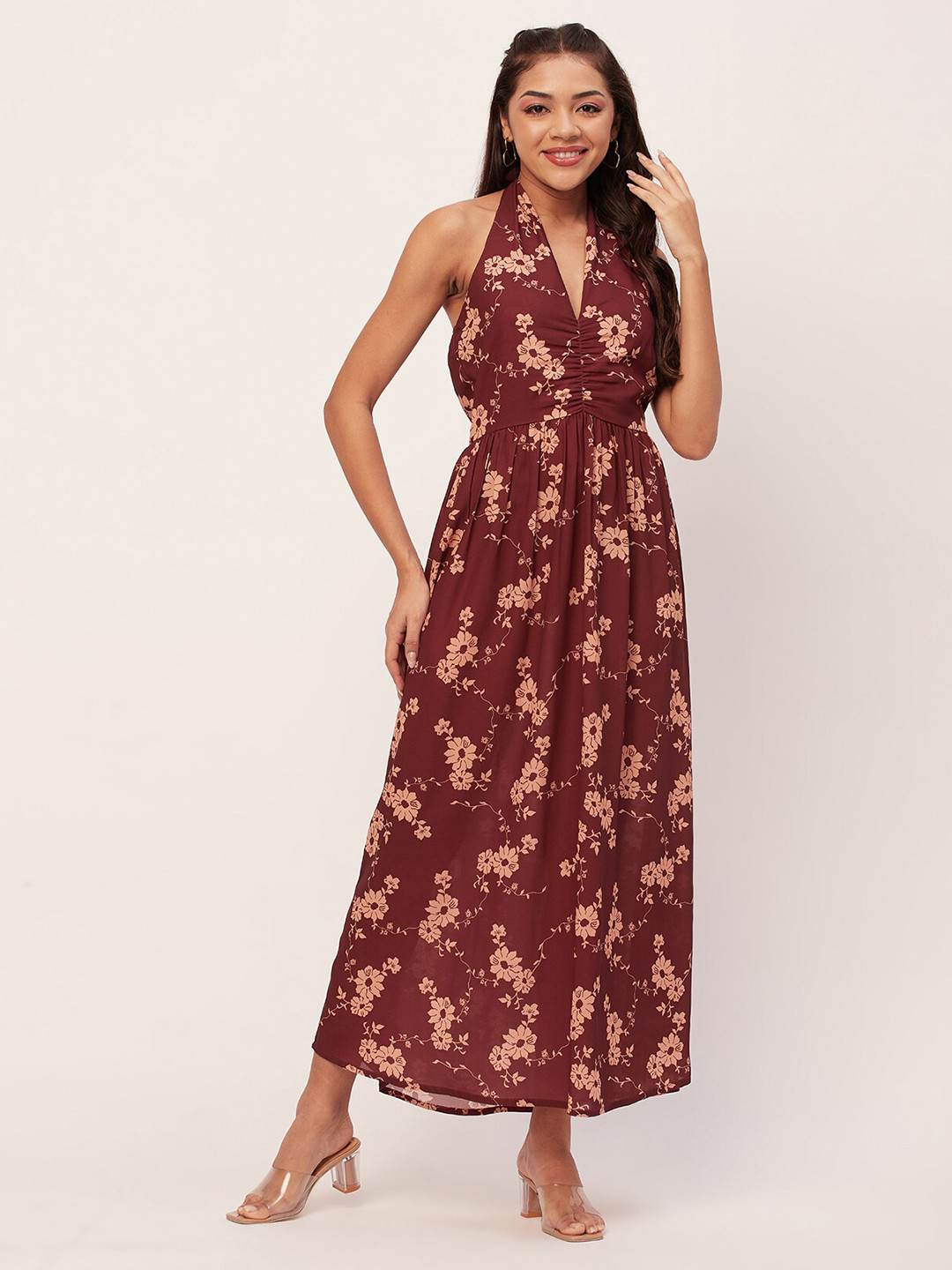 Moomaya Floral Print Halter Neck Maxi Dress
