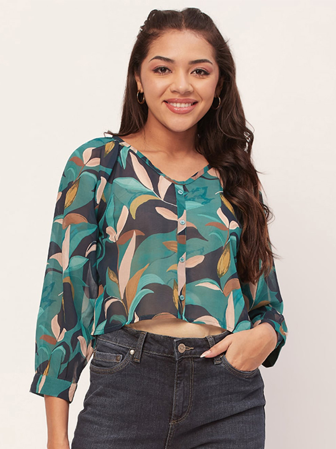 Moomaya Floral Printed Collarless Sheer Crop Casual Shirt
