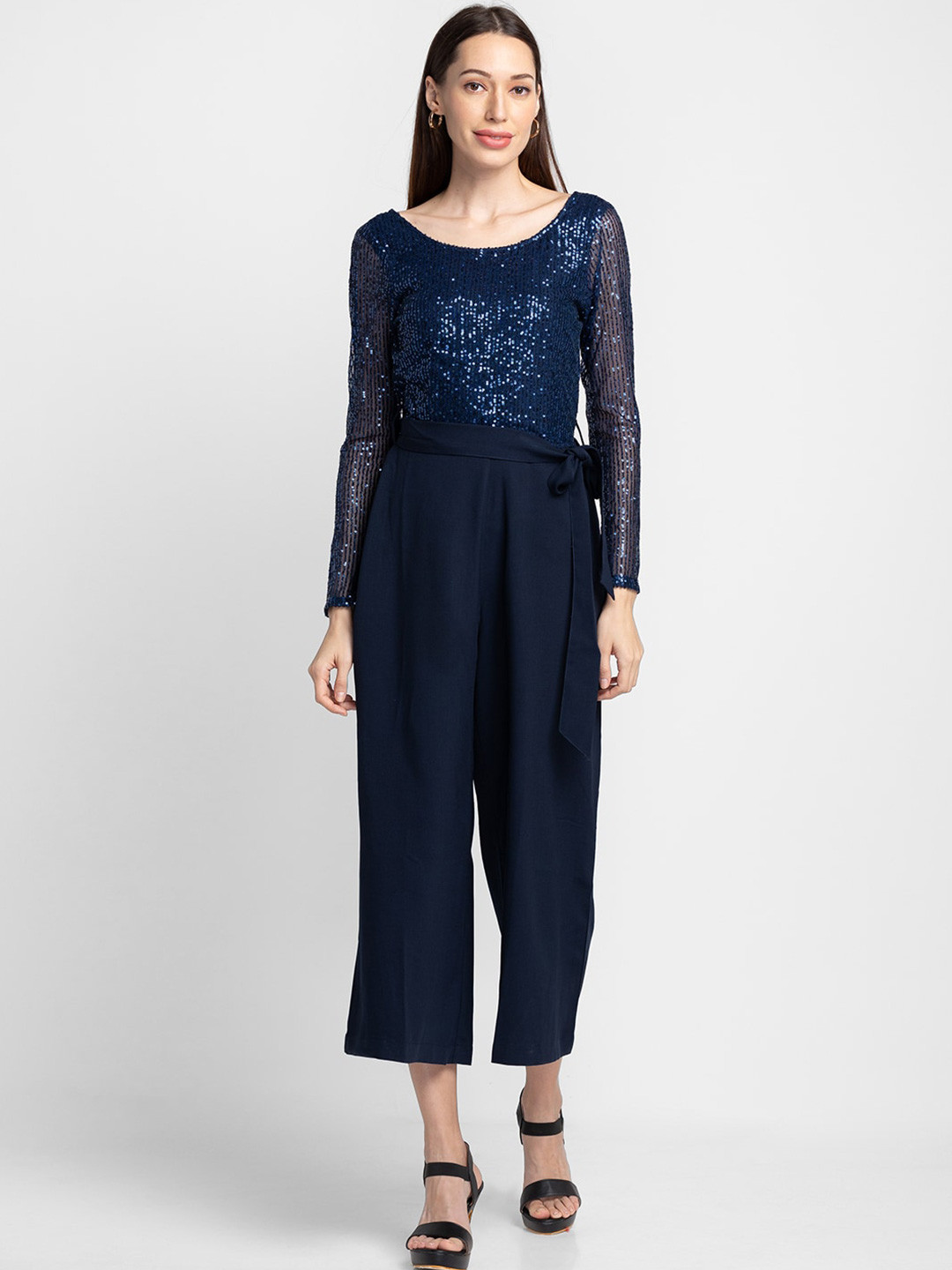 Globus Embellished Striped Basic Belted Jumpsuit