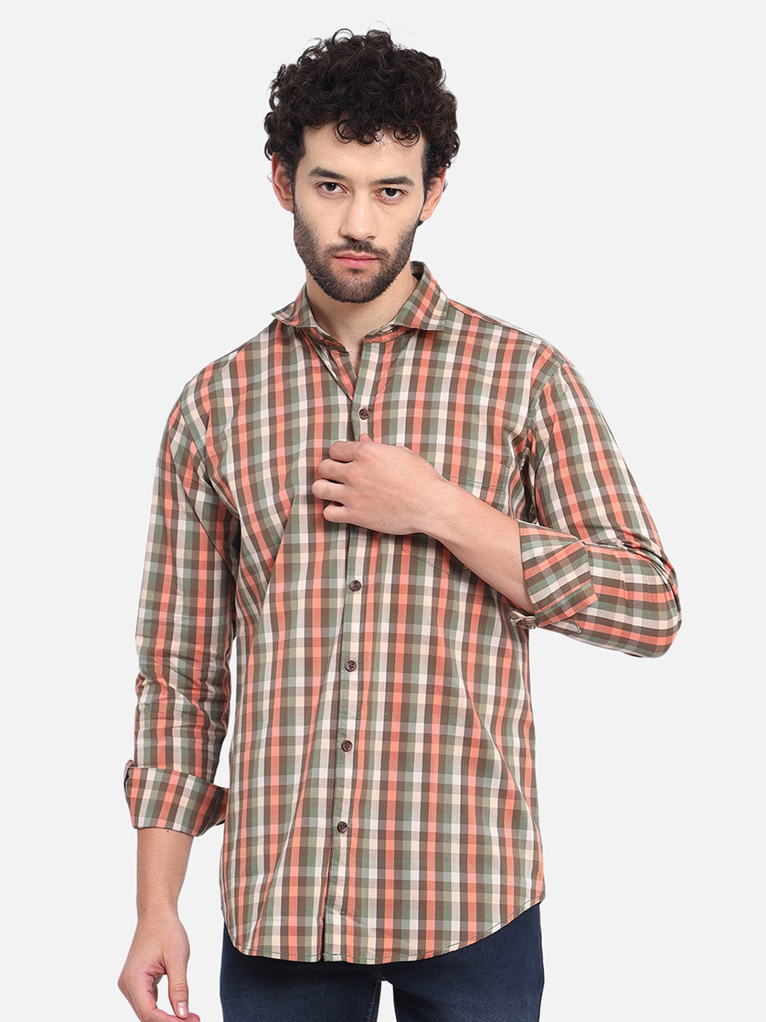 DEZANO Modern Tartan Checked Spread Collar Long Sleeve Cotton Casual Shirt