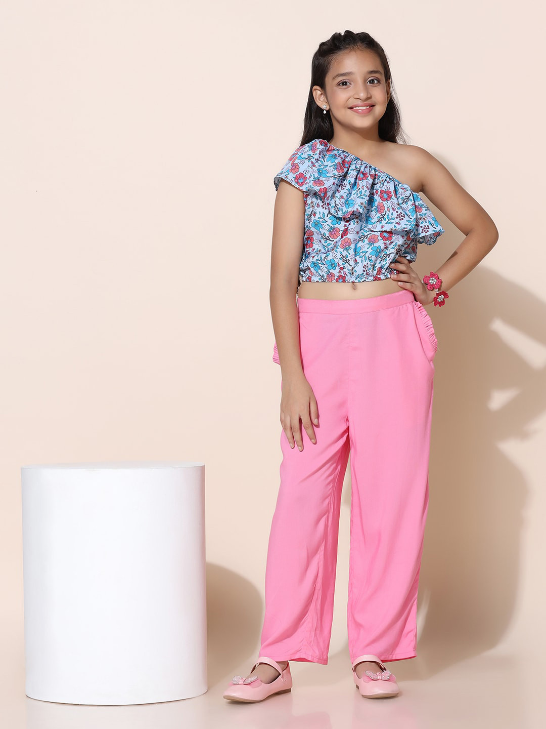 FASHION DREAM Girls Floral Printed One Shoulder Ruffled Top with Trousers