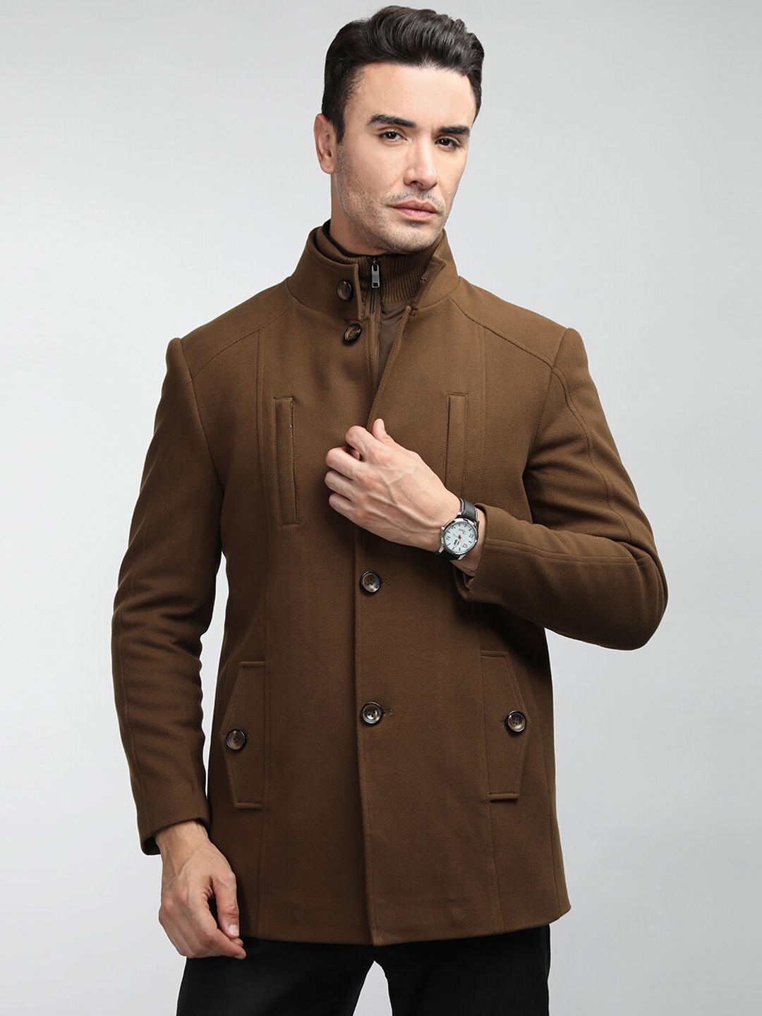 LURE URBAN Stand Collar Long Slevees Single Breasted Wool Over Coat