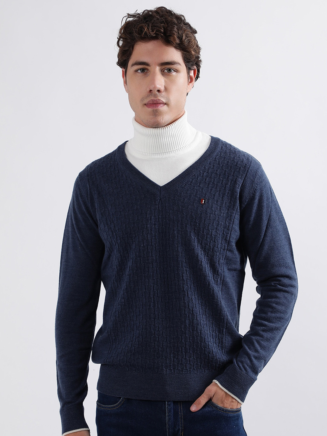 Iconic Cable Knit Self Design V-Neck Woollen Pullover