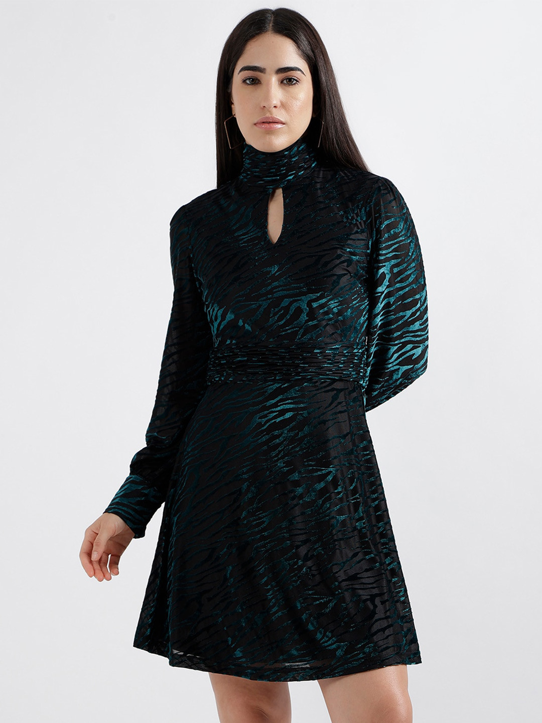 ELLE Animal Printed Choker Neck Cuffed Sleeves A-Line Dress
