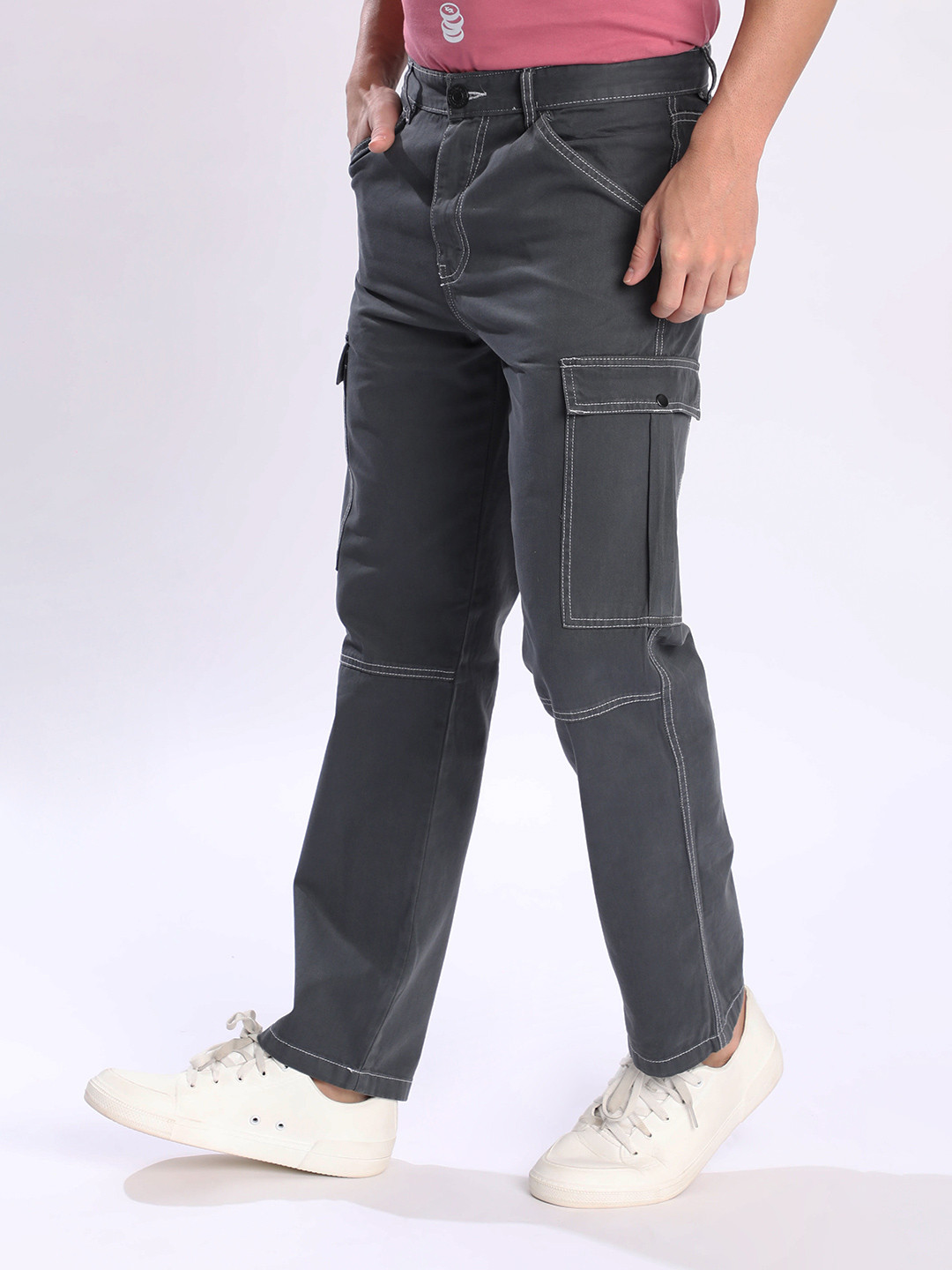 Bene Kleed Men Relaxed Pure Cotton Contrast Stitch Cargos Trousers