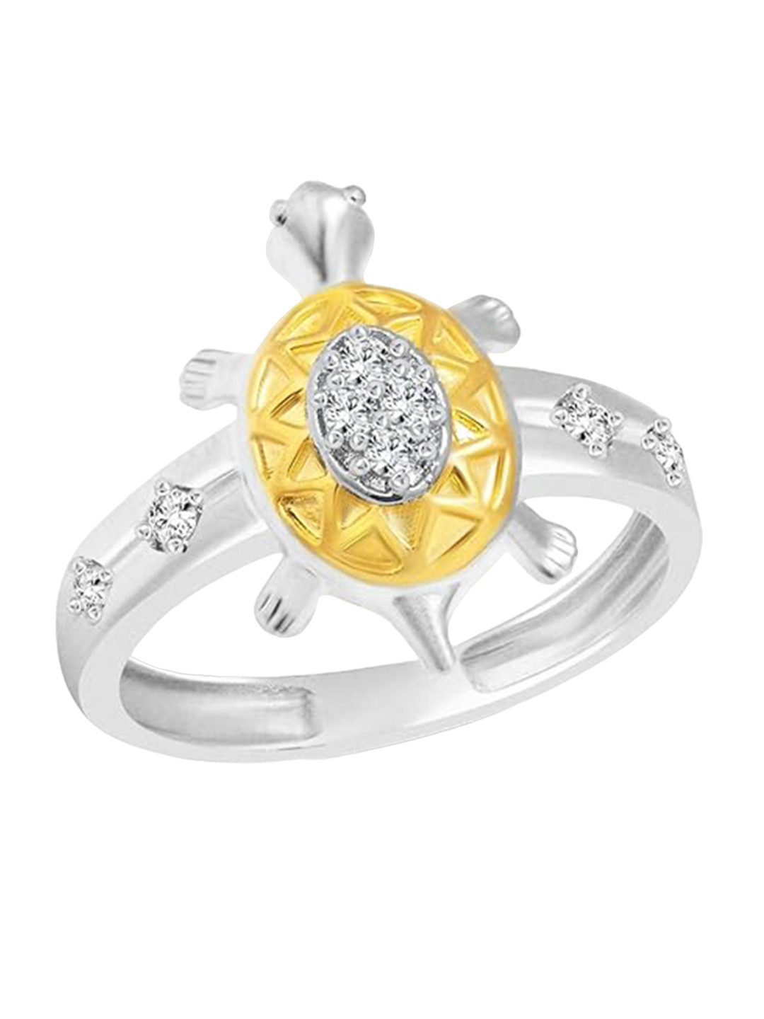 Vighnaharta Silver & Rhodium-Plated CZ-Studded Divine Turtle Ring