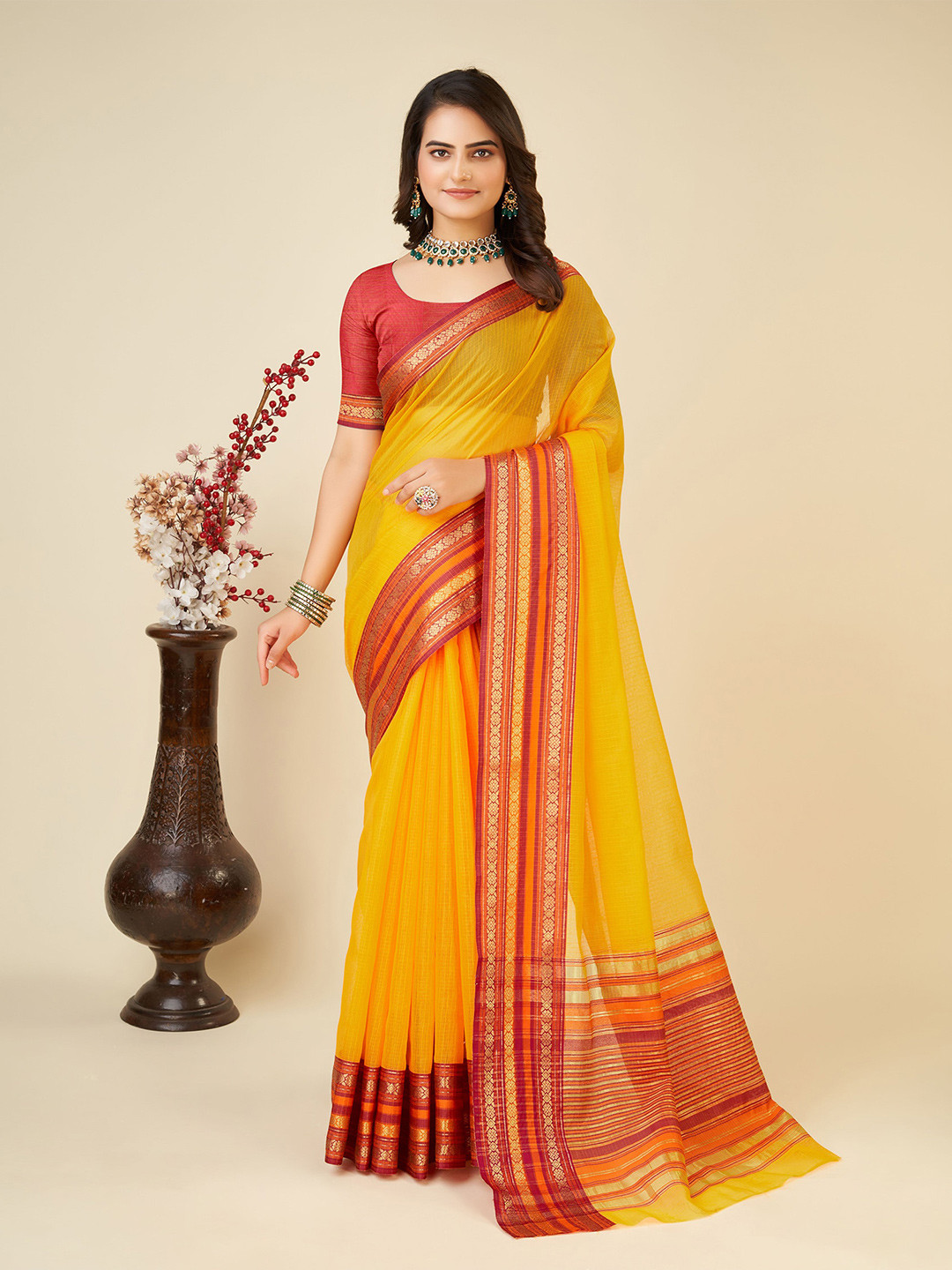 Anjaneya Sarees Checked Zari Detailed Chanderi Saree