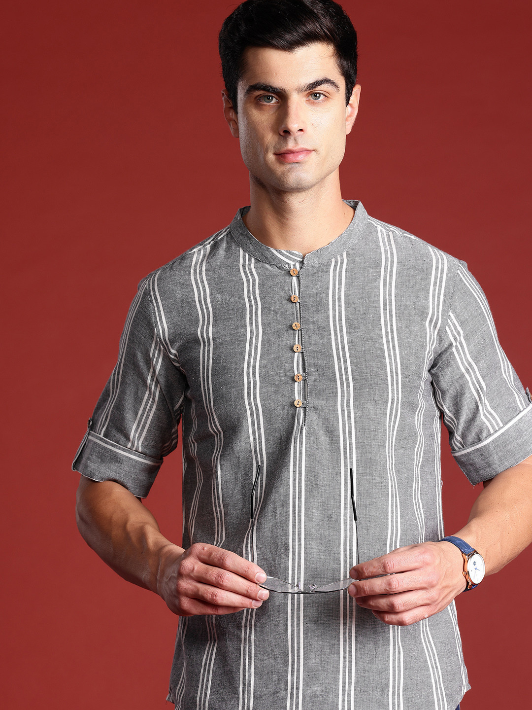 Anouk Striped Mandarin Collar Roll-Up Sleeves Him-Low Hem Pure Cotton Short Kurta