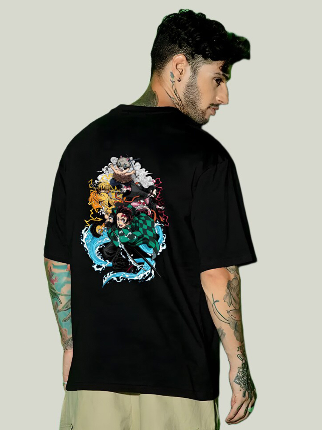 Elibolz Demon Slayer Anime Printed Drop-Shoulder Cotton Oversized T-shirt