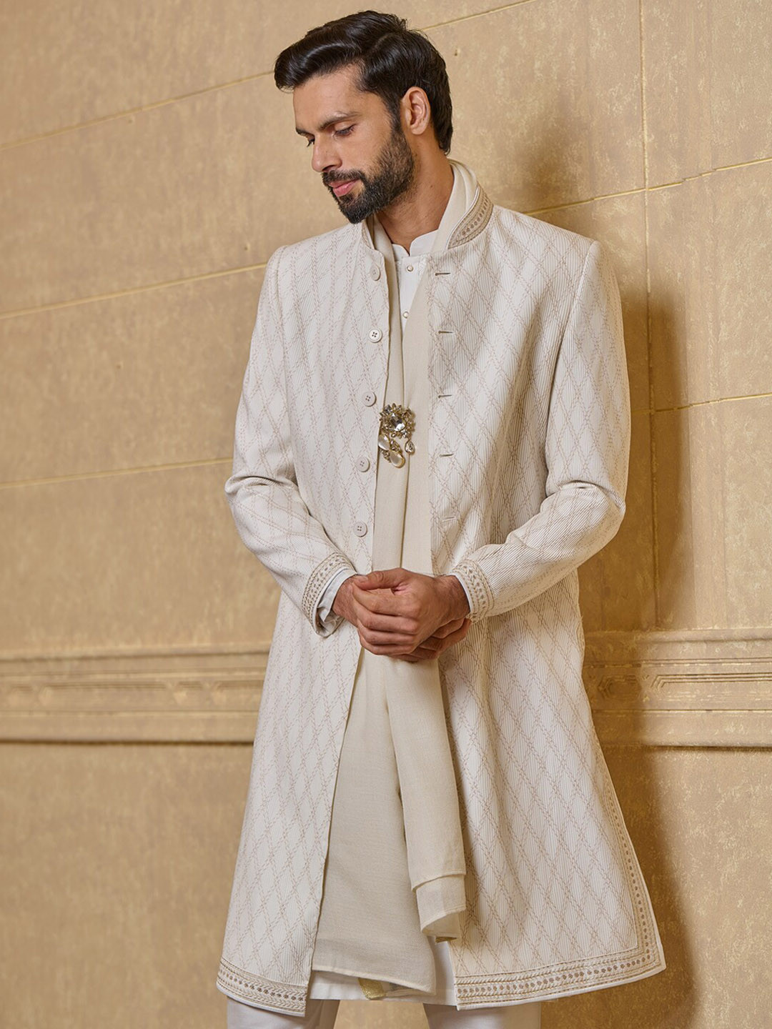 Tasva Aari Embroidered Mandarin Collar Sherwani Set