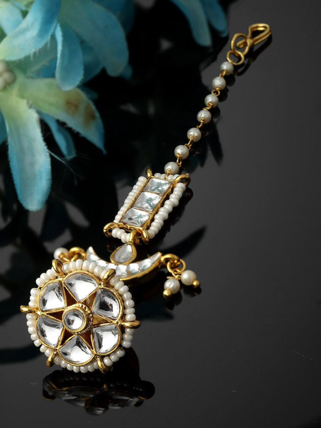 PANASH Gold-Plated Stones Studded & Pearls Beaded Maang Tika