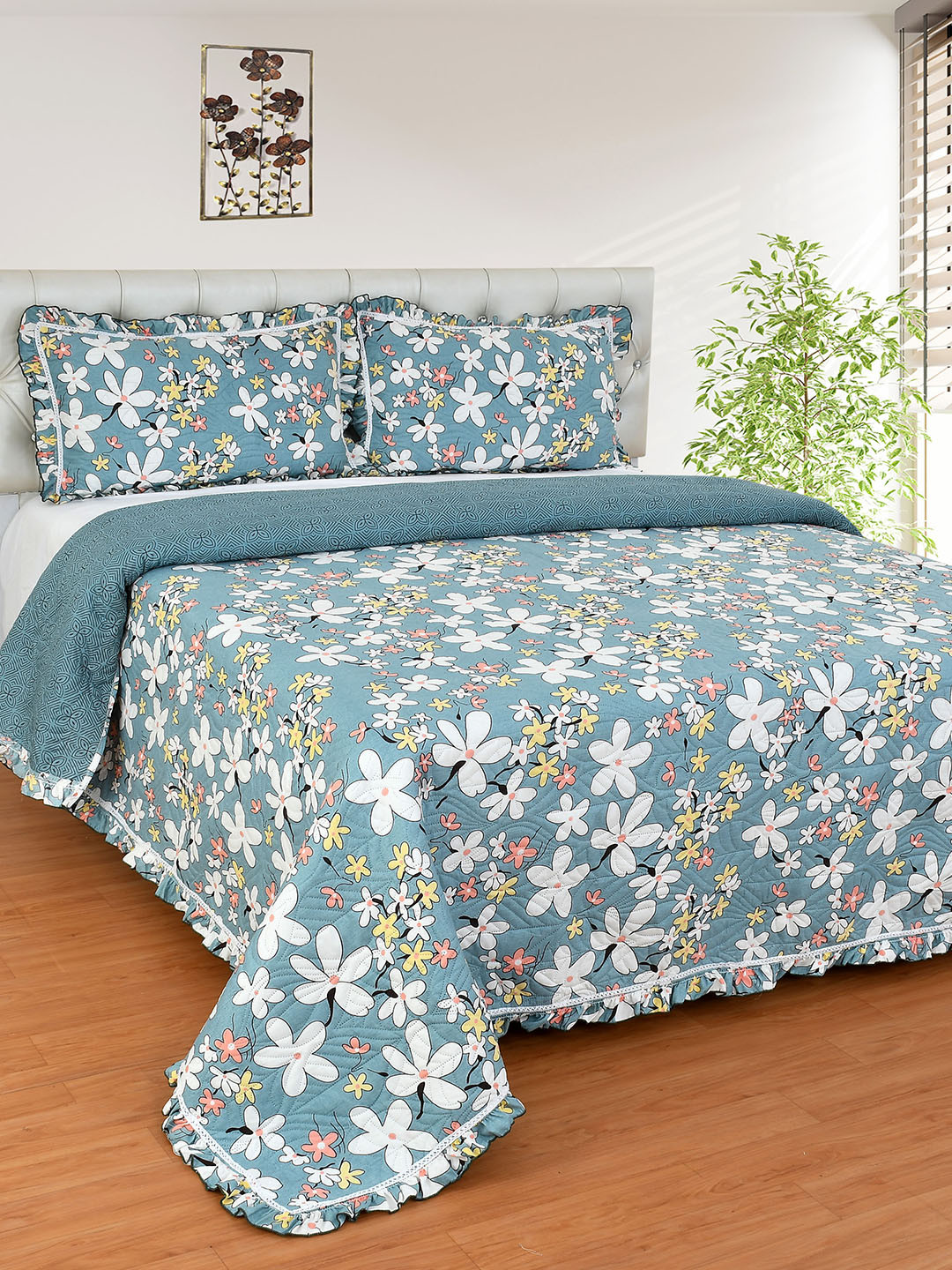 MORADO Grey & White Floral Printed 249TC Double Queen Bed Cover With 2 Pillow Covers