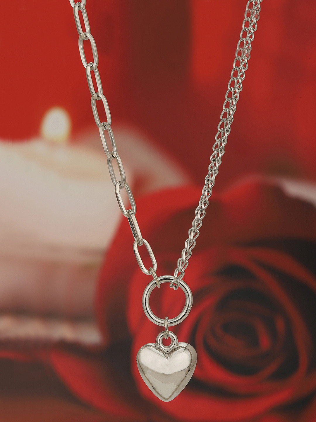 Carlton London Women Rhodium-Plated Double Chain with Dangling Heart Necklace
