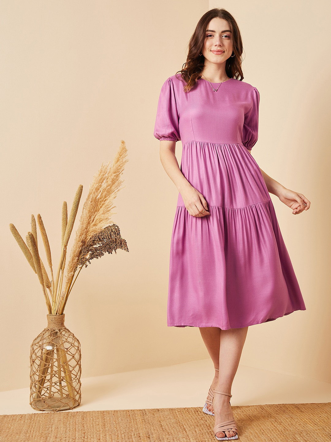 Marie Claire Purple Puff Sleeve Fit & Flare Tiered Midi Dress