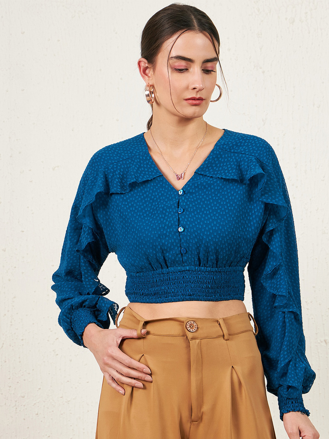 RARE Teal V-Neck Micro Ditsy Printed Georgette Crop Top