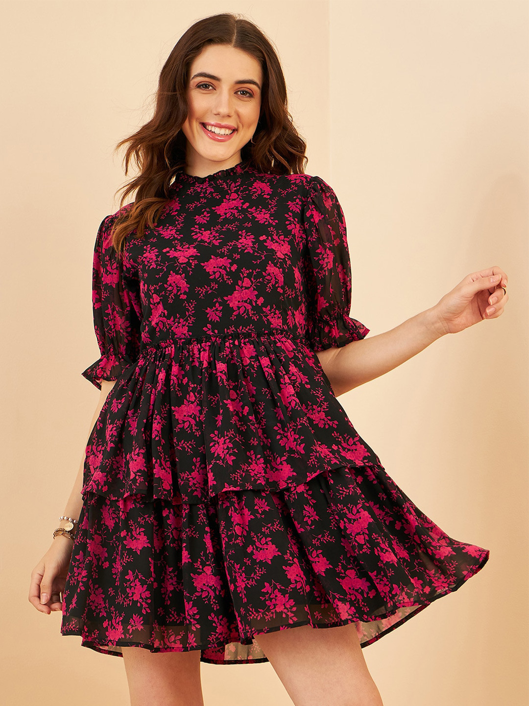 RARE Black Floral Print Bell Sleeve Georgette Fit & Flare Dress