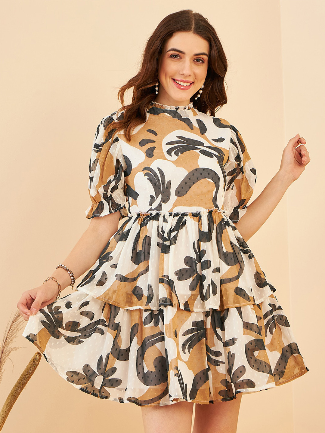 RARE Off White Floral Print Georgette Fit & Flare Dress