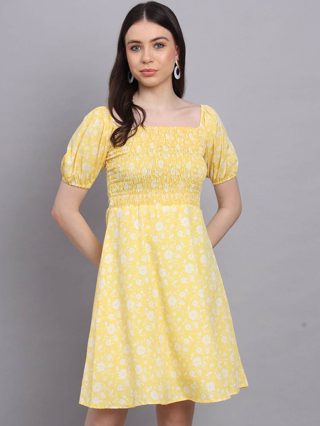 Rediscover Fashion Yellow Floral Print Puff Sleeve Crepe Fit & Flare Dress