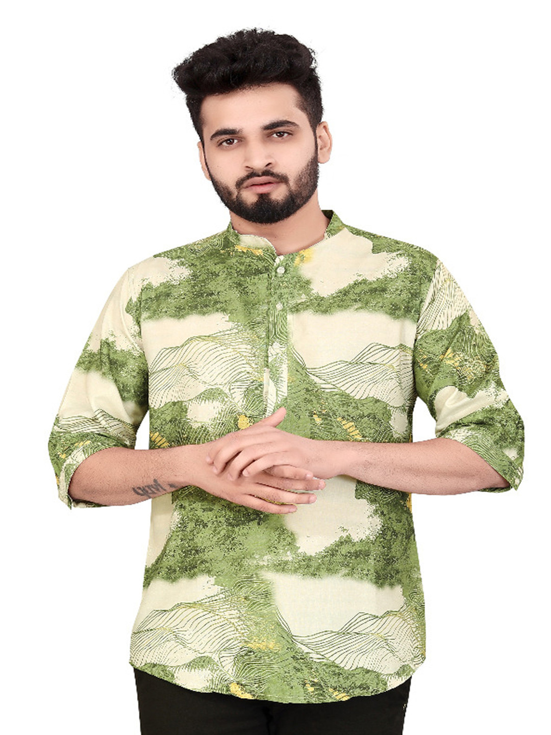 Bought First Men Green Printed Thread Work Pathani Kurta