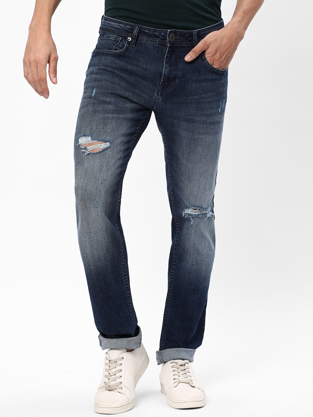 R&B Men Blue Slim Fit Mildly Distressed Heavy Fade Cotton Jeans