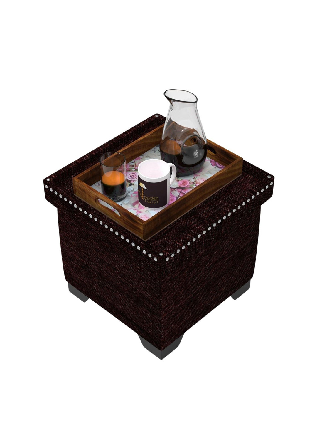 Wooden Twist Brown Puffy Eccentric Ottoman Stool with Storage