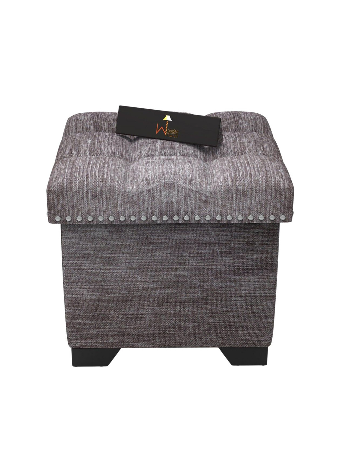 Wooden Twist Grey Puffy Eccentric Ottoman Stool with Storage