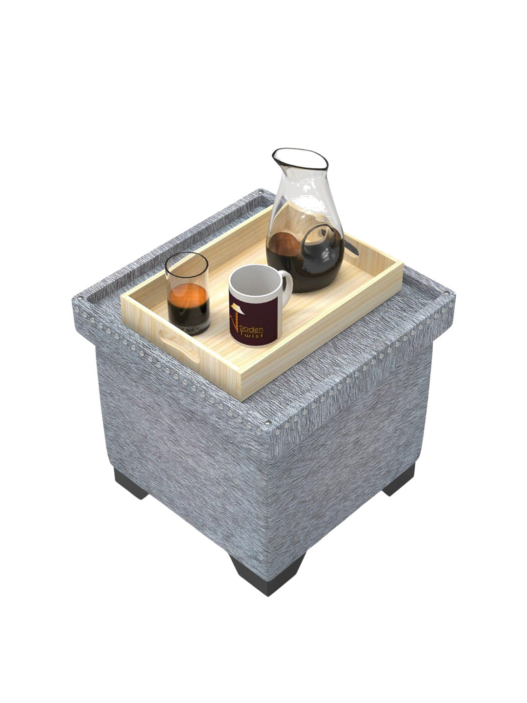 Wooden Twist Grey Puffy Eccentric Ottoman Stool with Storage