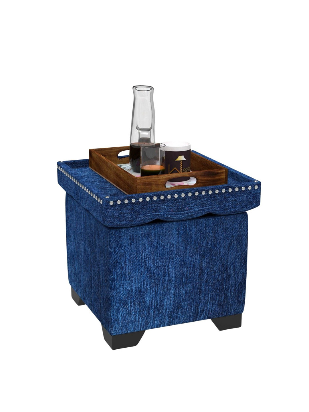 Wooden Twist Blue Puffy Eccentric Ottoman Stool with Storage