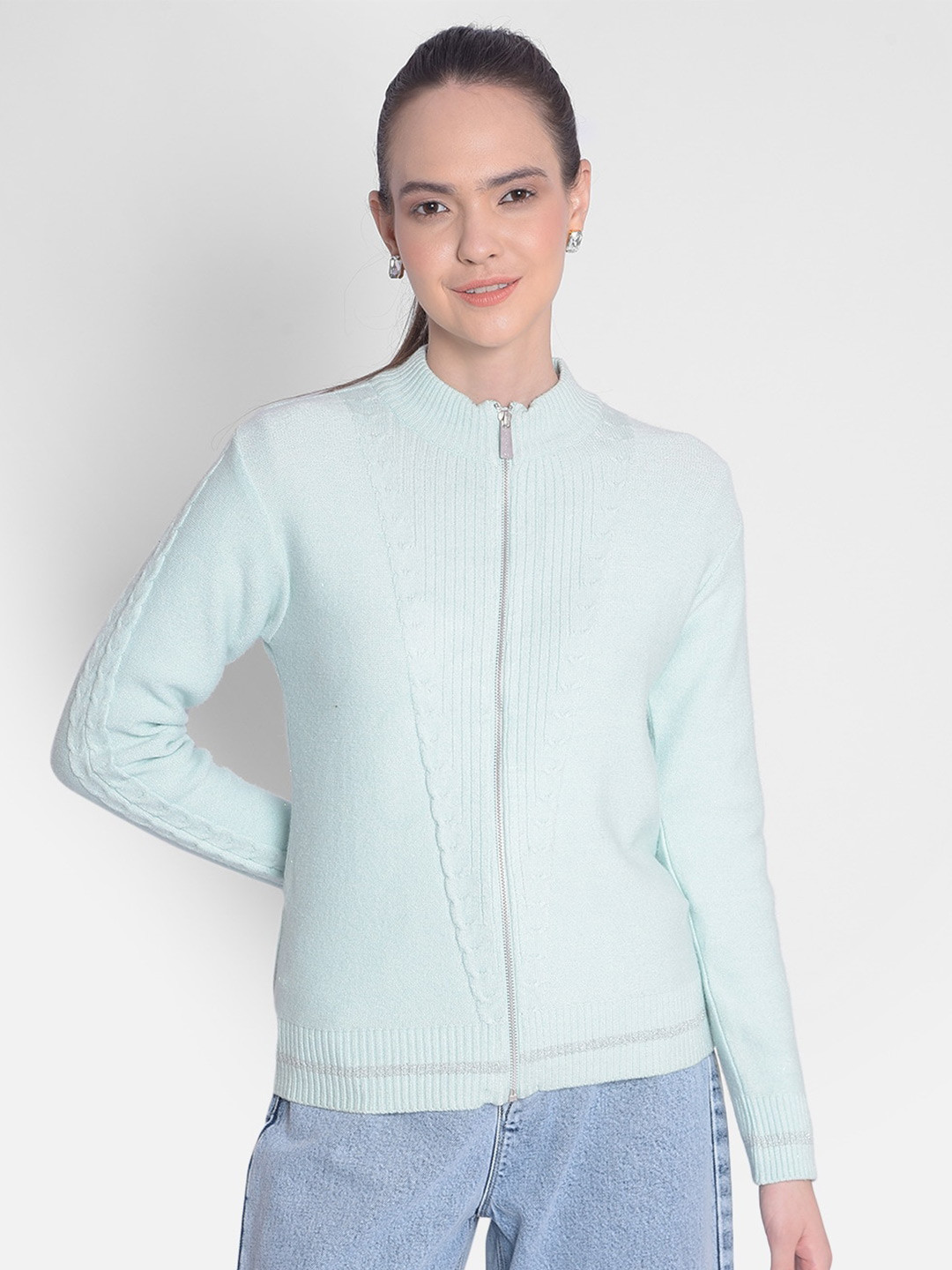 Crimsoune Club Cable Knit Self Design Mock Collar Cardigan Sweater