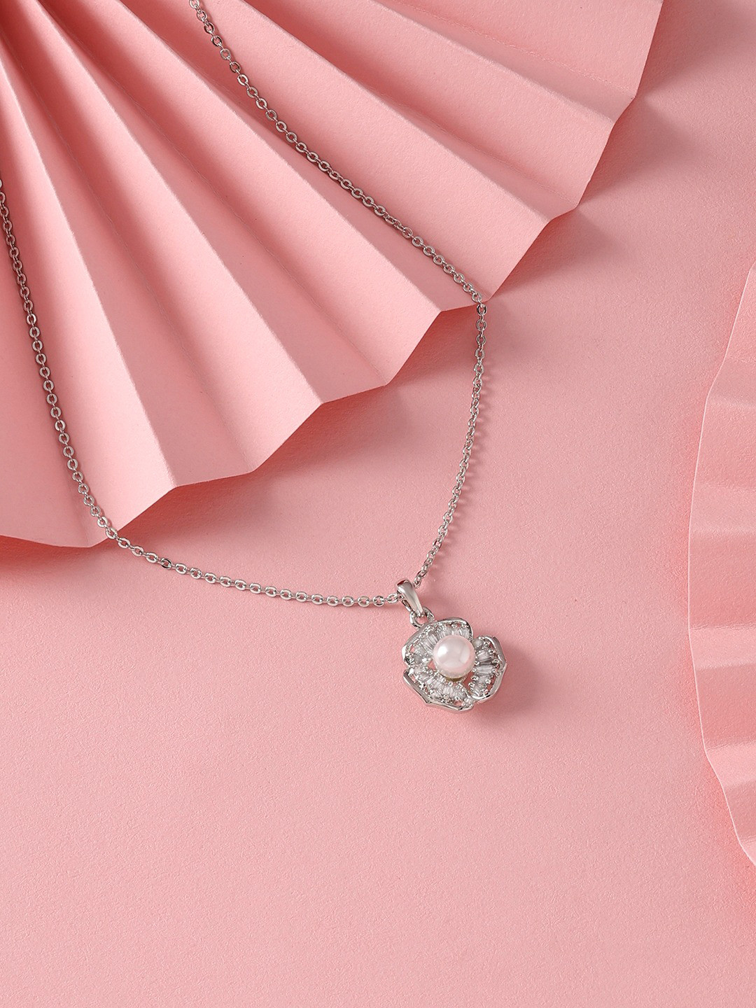 Zaveri Pearls Silver Plated CZ Studded Pendant With Chain