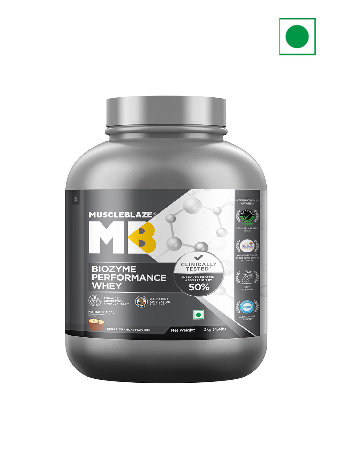 MuscleBlaze Biozyme Performance Whey Protein (Kesar Thandai, 2 kg / 4.4 lb, 55 Servings)