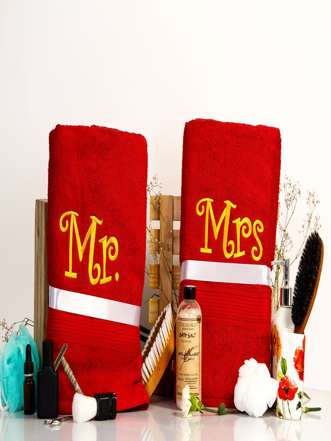 GAB Red 2 Pieces Couple Mr & Mrs Absorbent Pure Cotton 500 GSM Bath Towel