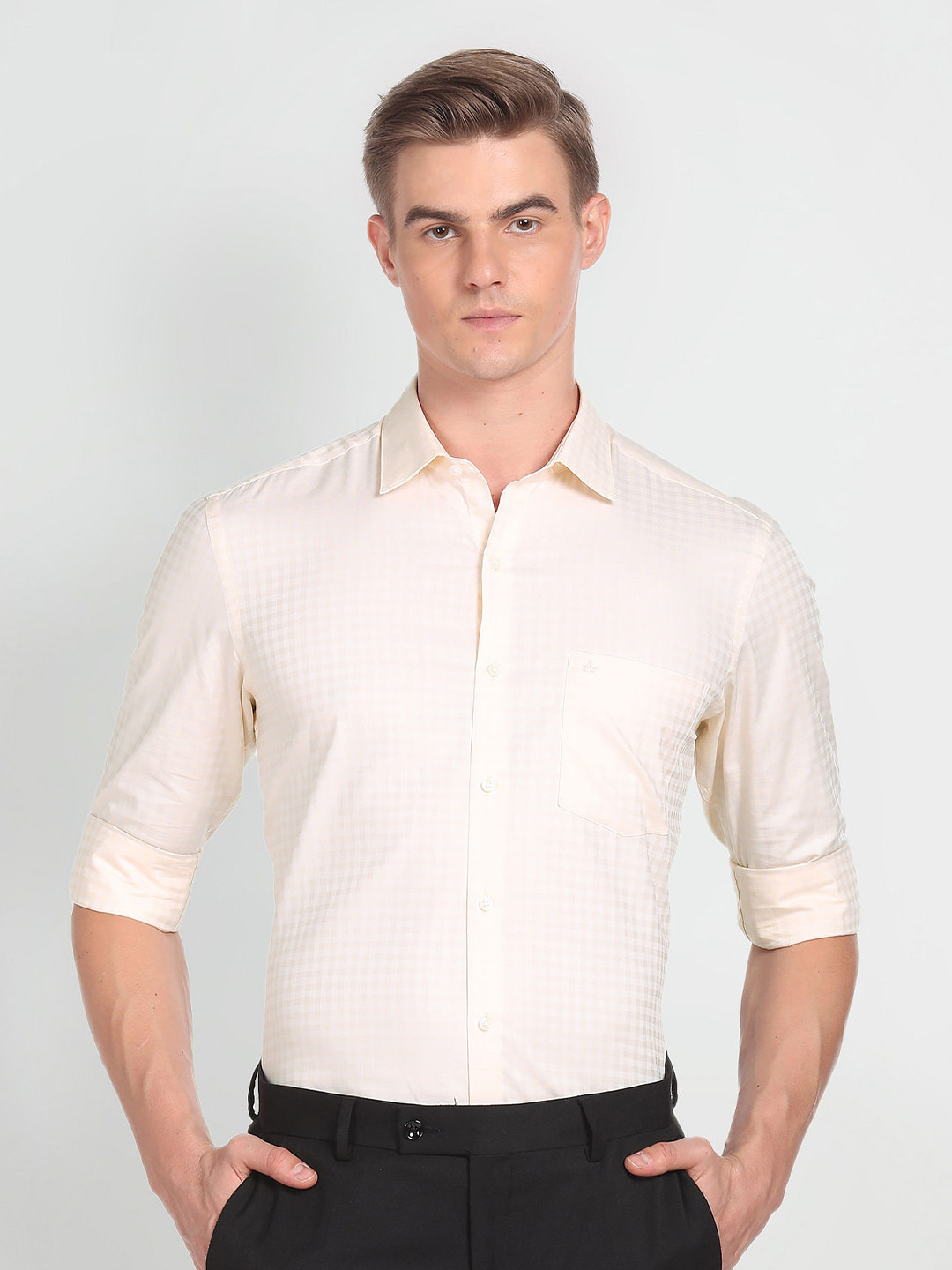 Arrow Classic Fit Grid Tattersall Checks Twill Cotton Formal Shirt