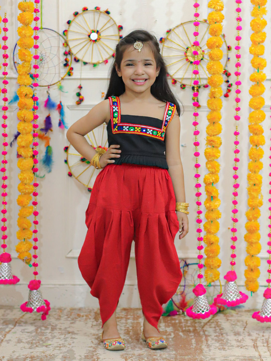 BownBee Girls Shoulder Straps Pure Cotton Top with Dhoti Pants