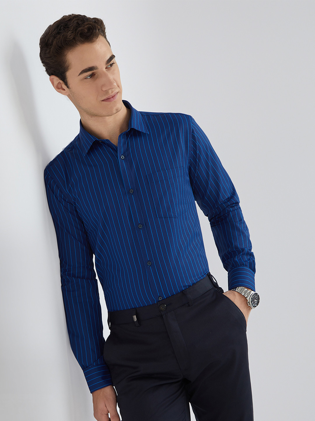 Park Avenue Blue Slim Fit Self-Striped Formal Shirt