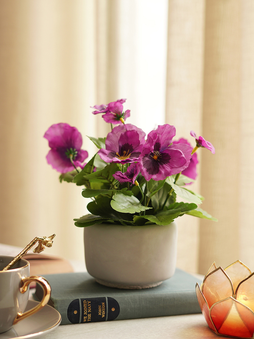 Pure Home and Living Purple Artificial Pansy Plant with Cement Pot
