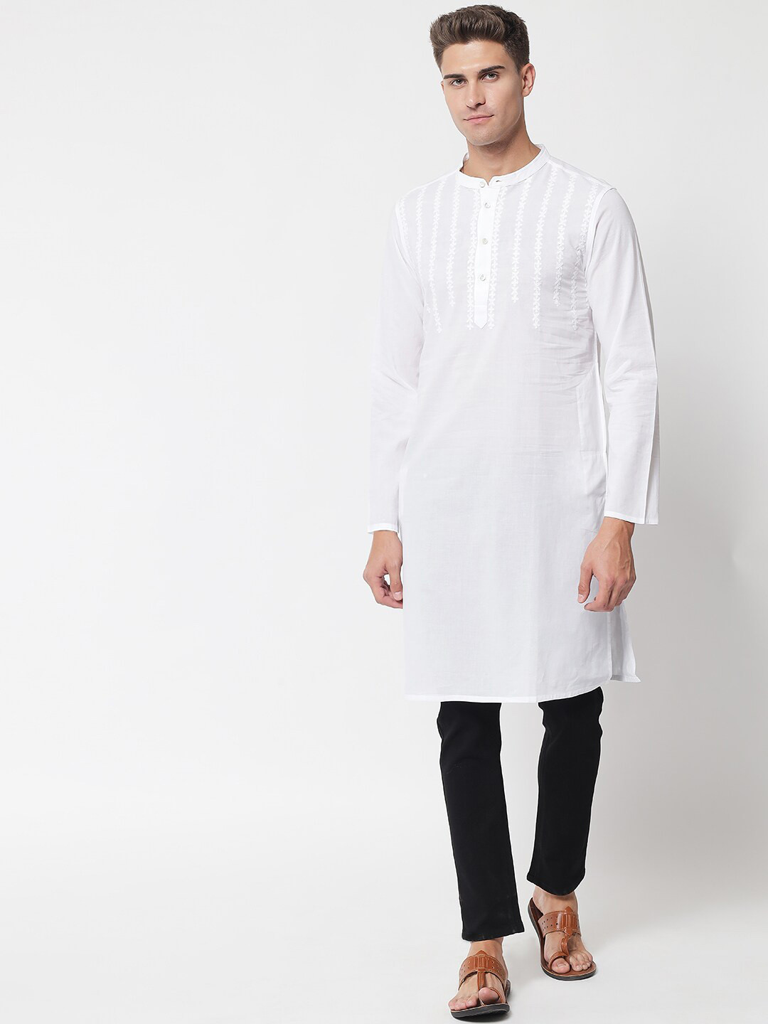 akheri Chikankari Embroidered Band Collar Long Sleeve Cotton Straight Kurta