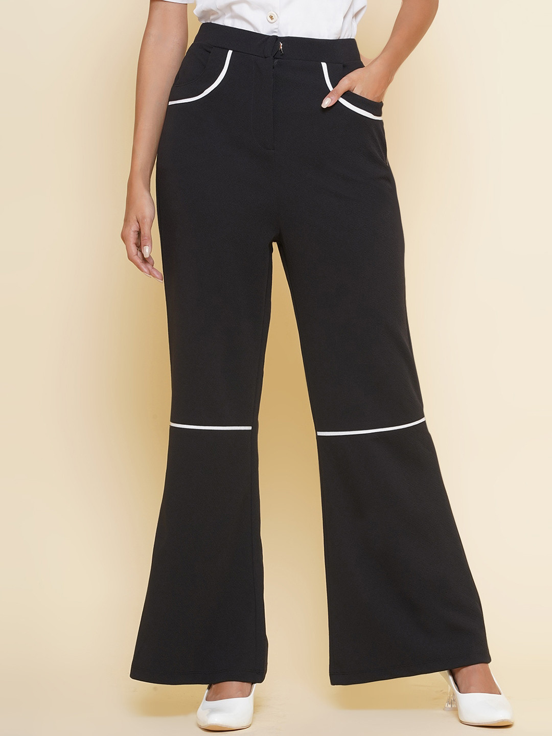 VESTIDO MODAS Women High-Rise Piping Detail Slim Fit  Easy Wash Bootcut Trousers