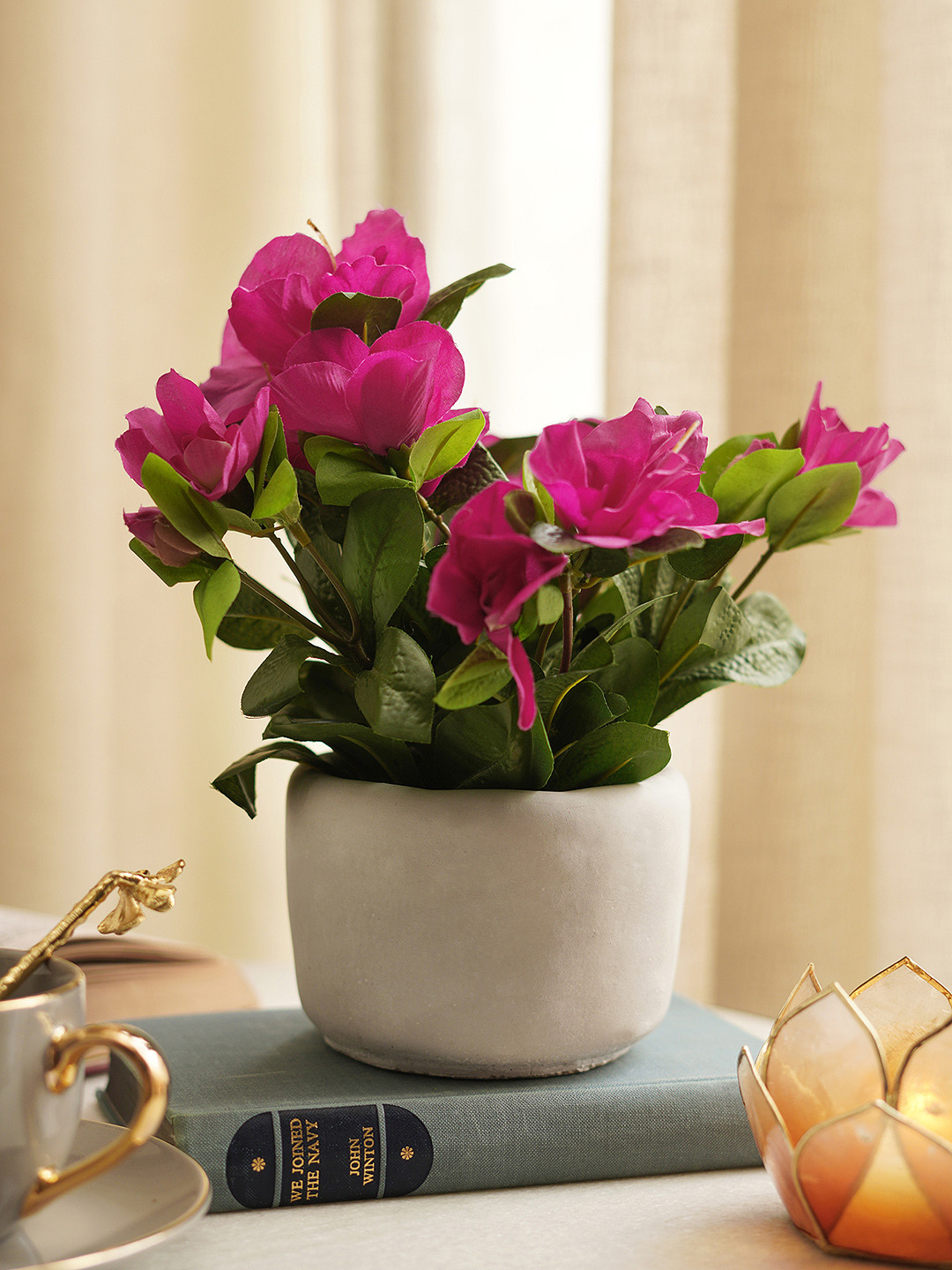 Pure Home and Living Pink Artificial Azalea Plant with Cement Pot