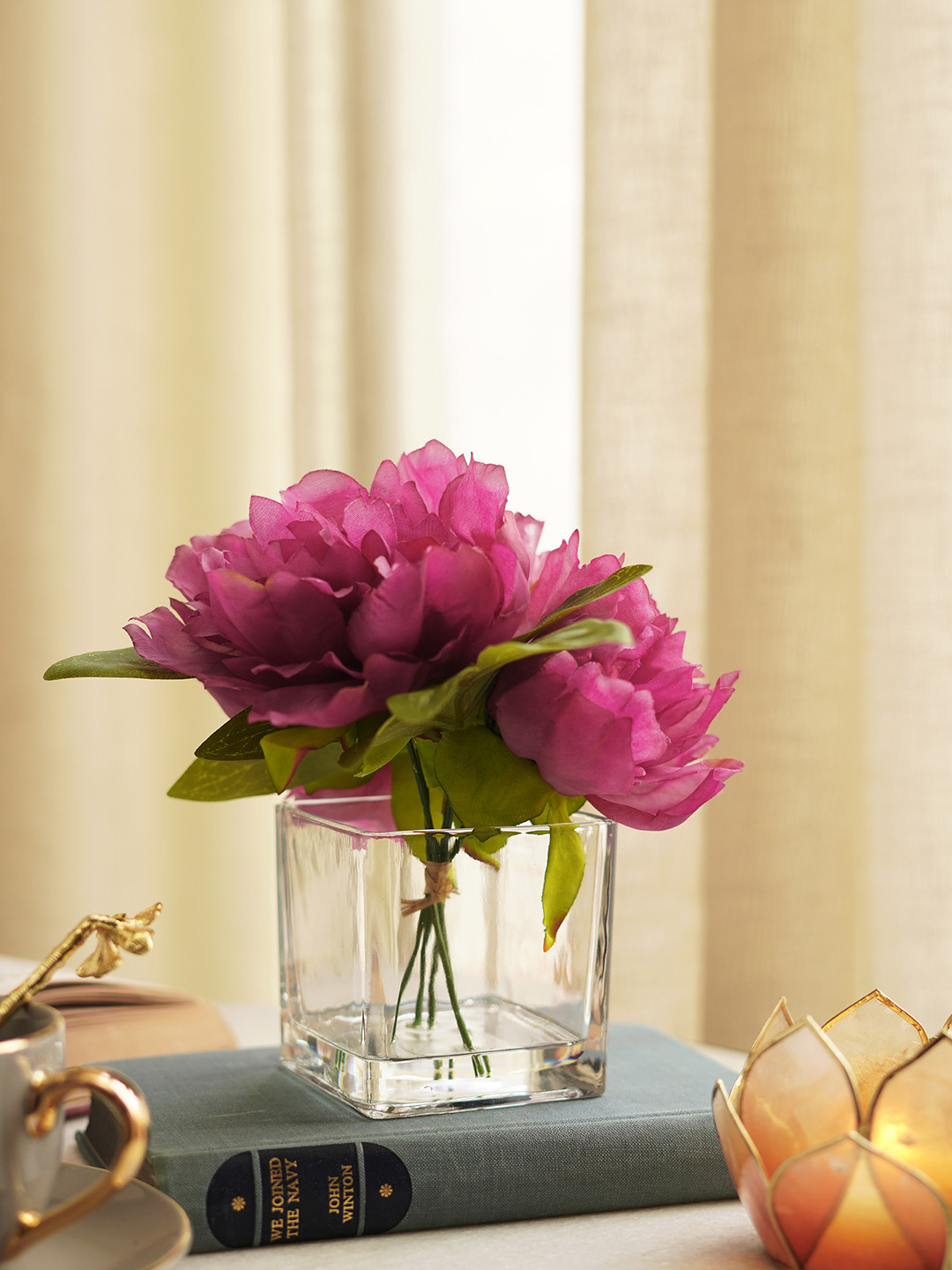 Pure Home and Living Peony Artificial Flower With Glass Vase