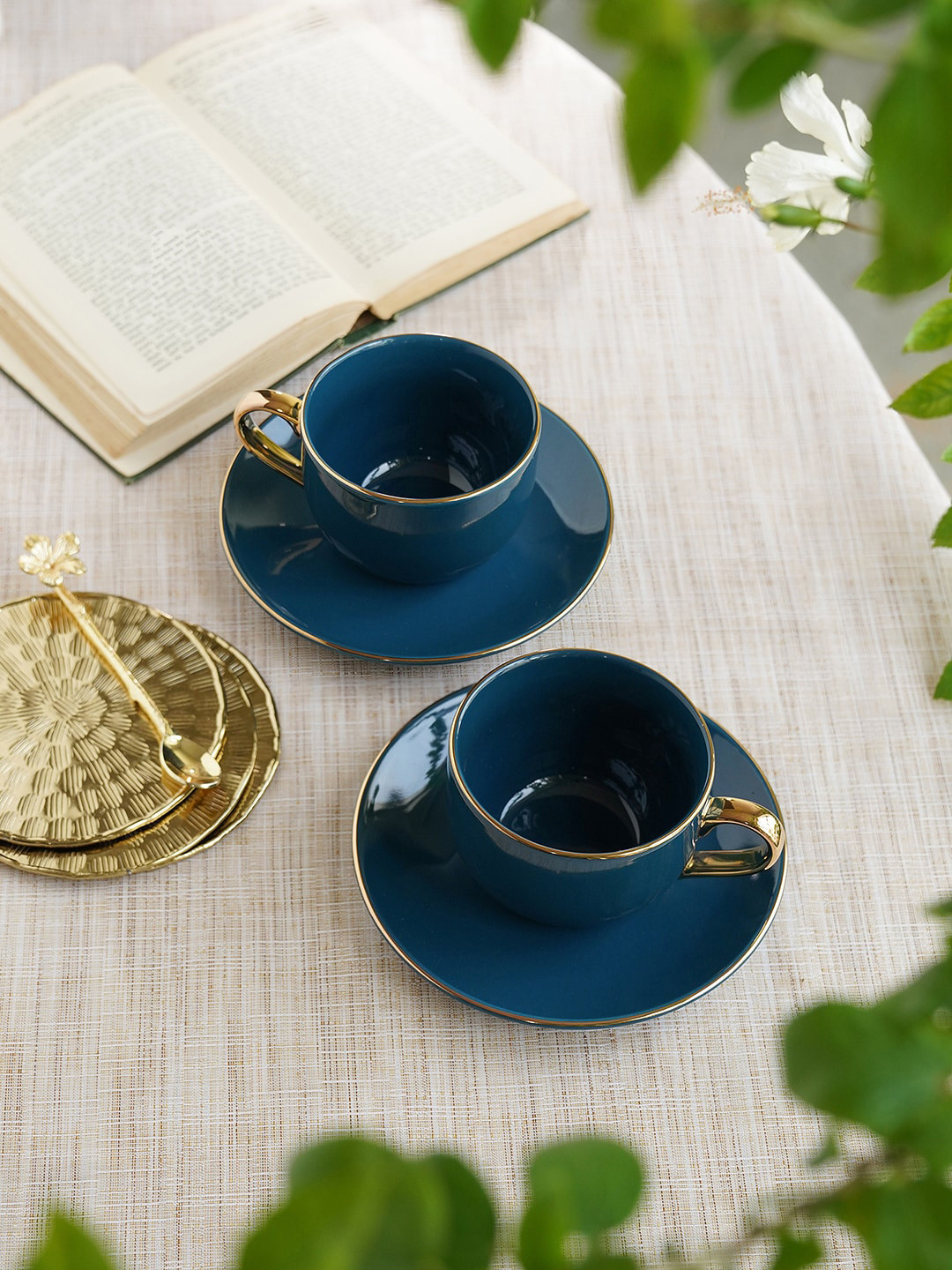 Pure Home and Living 2 Pcs Blue & Gold-Toned Porcelain Cups and Saucers - 300 ML Each