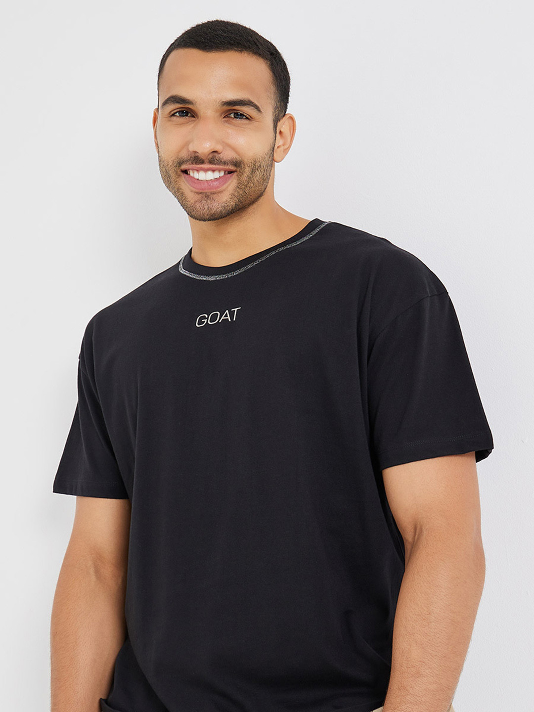 Styli Black Round Neck Short Sleeves Cotton Oversized T-shirt