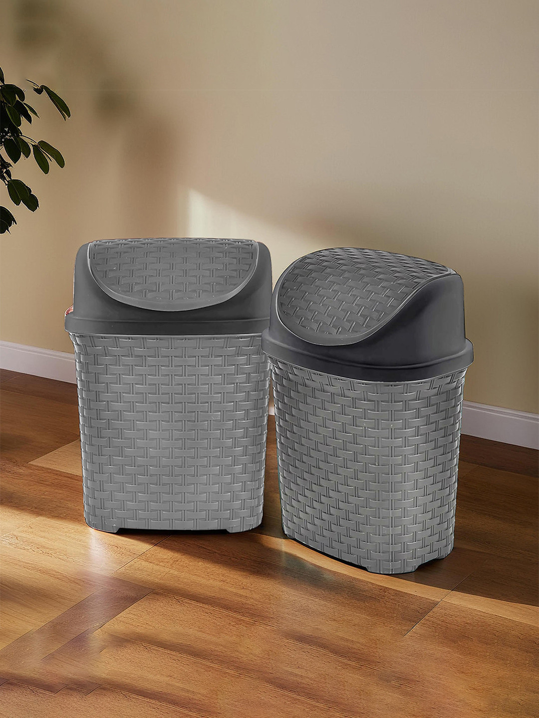 Kuber Industries 2 Pcs Grey Textured Swing Dustbins - 7 L Each