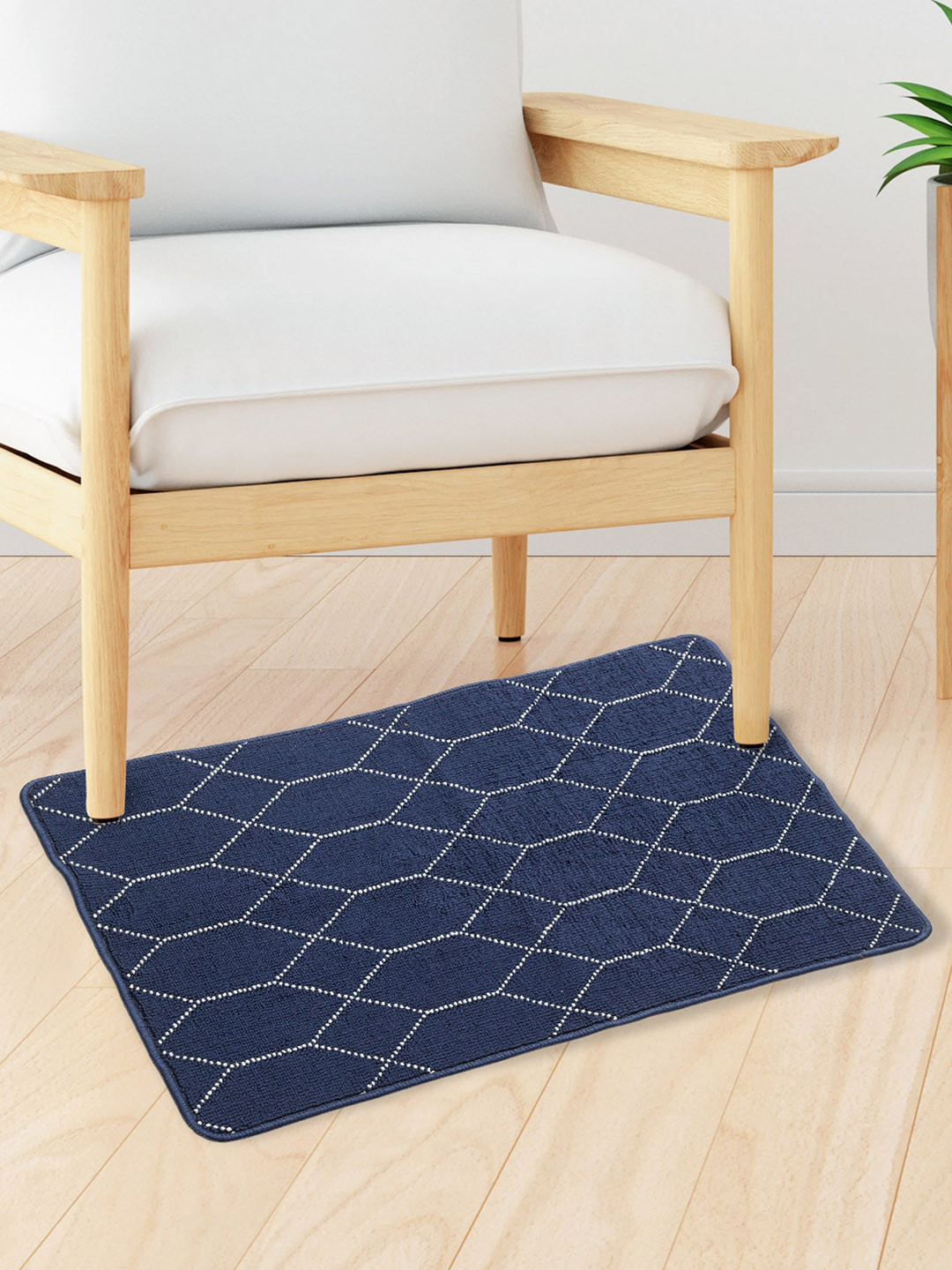 Home Centre Navy Blue & White Anti-Skid Nicolas Spatial Geometric Dhurrie