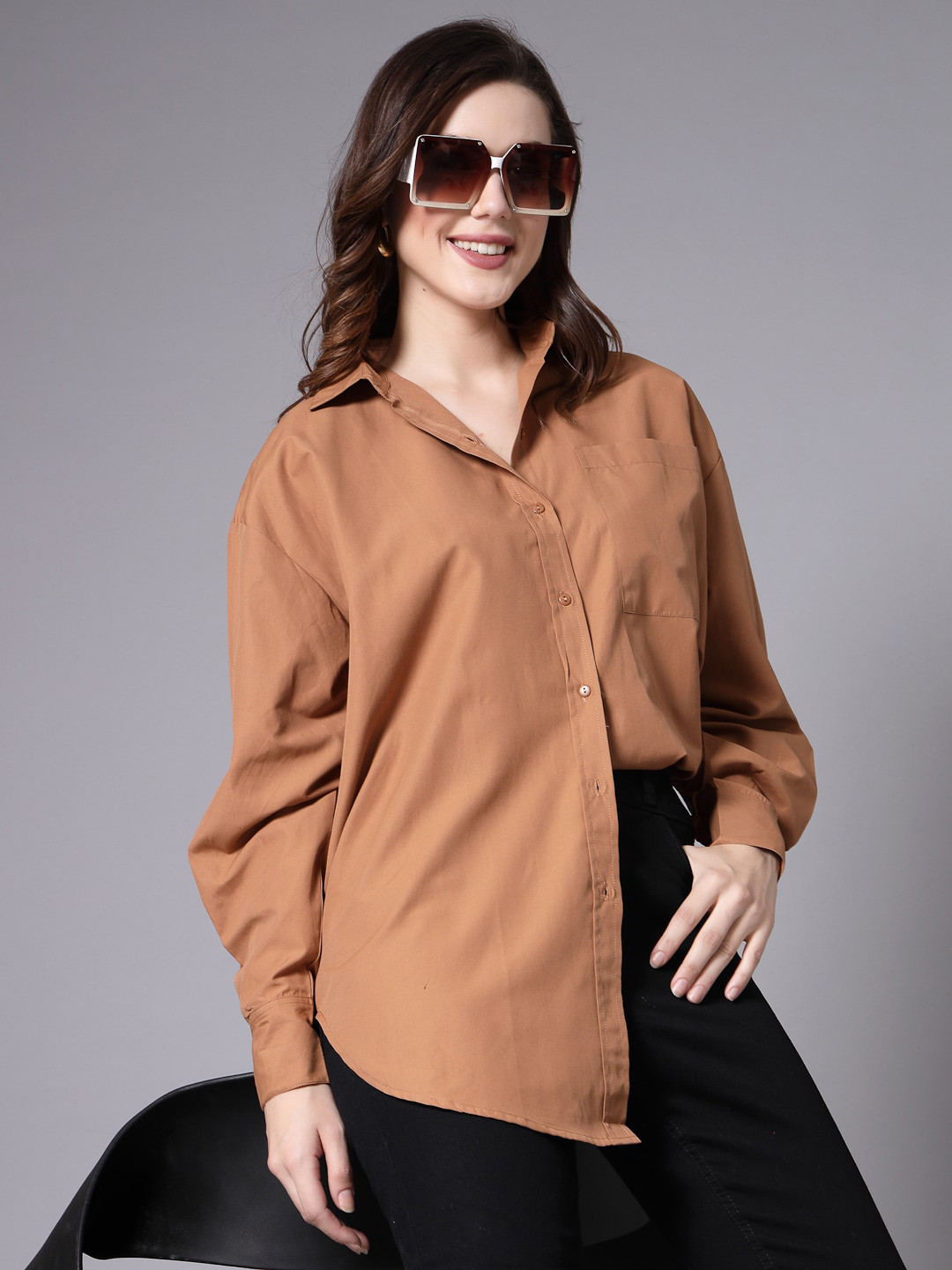 Style Quotient Tan Smart Spread Collar Cotton Casual Oversized Shirt