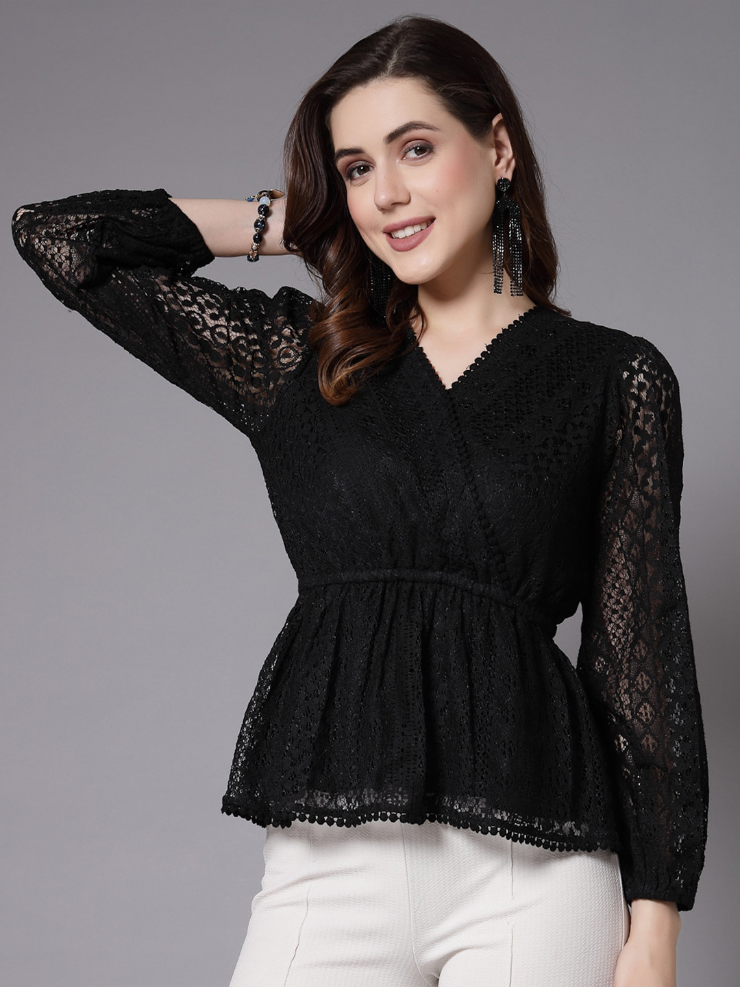 Style Quotient Black Self Deign Cotton Wrap Top