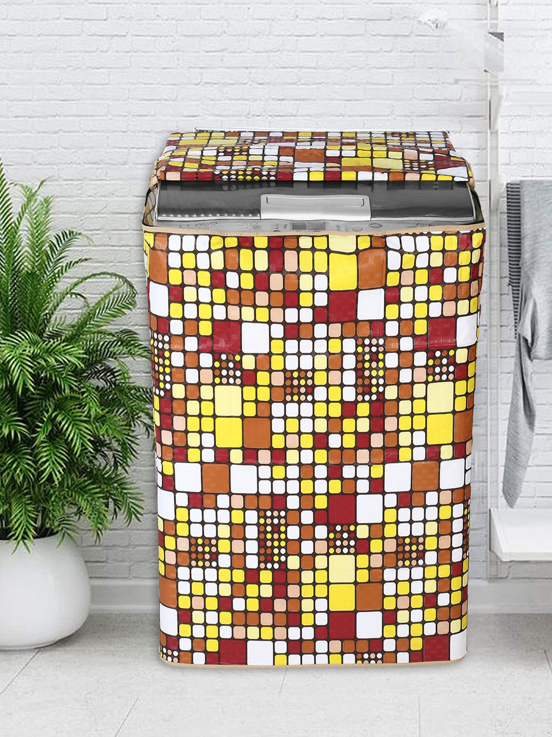 Dakshya Industries White & Brown Printed PVC Washing Machine Cover